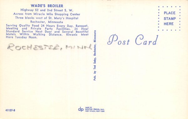 Rochester Minnesota Wade's Broiler Restaurant, Chrome, Vintage Postcard U24103 - Image 2