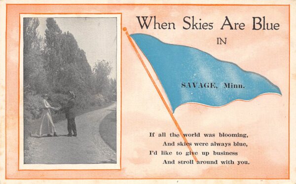 Savage Minnesota Romance Scene, Flag From Savage, Vintage Postcard U24107