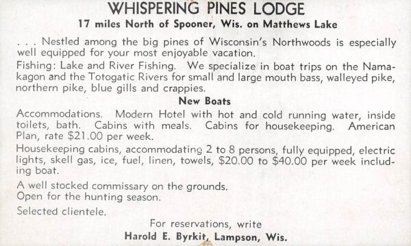 Lampson Wisconsin Whispering Pines Lodge, Non Postcard Back, Vintage PC U24118 - Image 2
