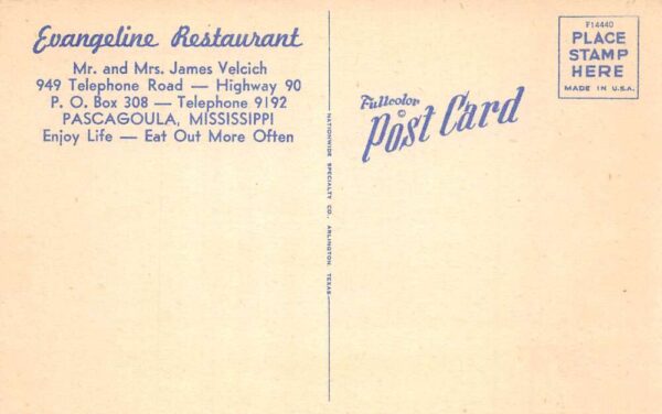 Pascagoula Mississippi Evangeline Restaurant Linen Vintage Postcard AA102779 - Image 2
