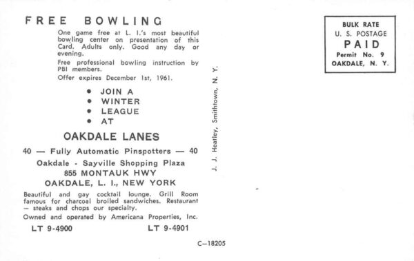 Oakdale Long Island New York Oakdale Lanes Bowling Alley Postcard AA102791 - Image 2