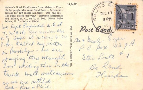 Selma North Carolina Nelsons Good Food Restaurant Vintage Postcard AA102799 - Image 2