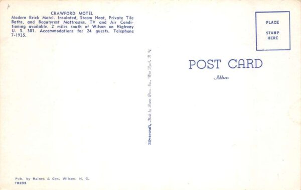 Wilson North Carolina Crawford Motel Vintage Postcard AA102807 - Image 2
