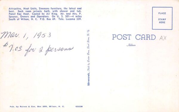 Wilson North Carolina Forest Inn Motor Court Vintage Postcard AA102808 - Image 2