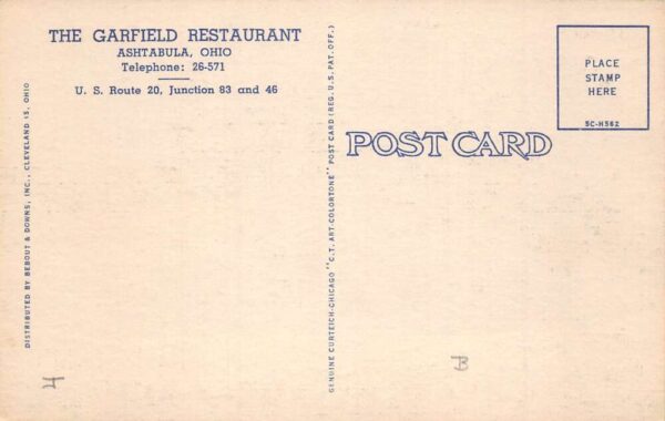 Ashtabula Ohio The Garfield Restaurant Linen Vintage Postcard AA102810 - Image 2