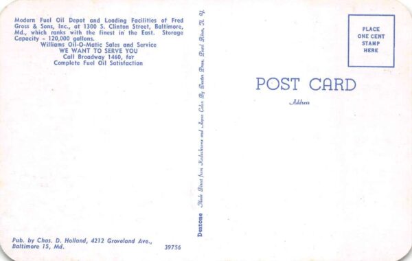 Baltimore Maryland Fred Gross and Sons Fuel Oil Depot Vintage Postcard AA102816 - Image 2