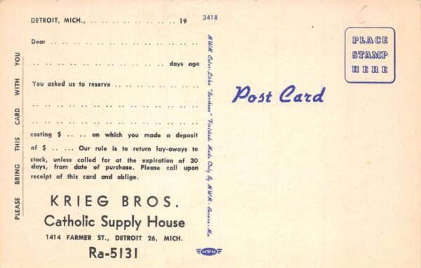 Detroit Michigan Catholic Supply House Krieg Bros Vintage Postcard AA102817 - Image 2