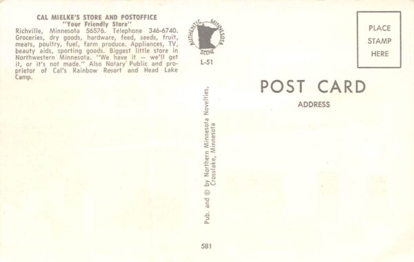 Richville Minnesota Cal Mielke's Store & Post Office, Chrome, PC U24222 - Image 2