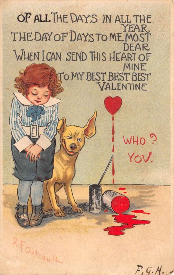 Valentine Greetings Boy with Dog and Spilled Paint RF Outcault Postcard AA102854