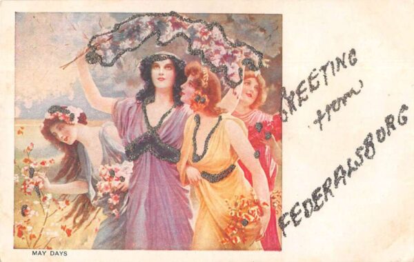 Federalsburg Maryland Mays Days Girls Picking Flowers Glitter Postcard AA102861