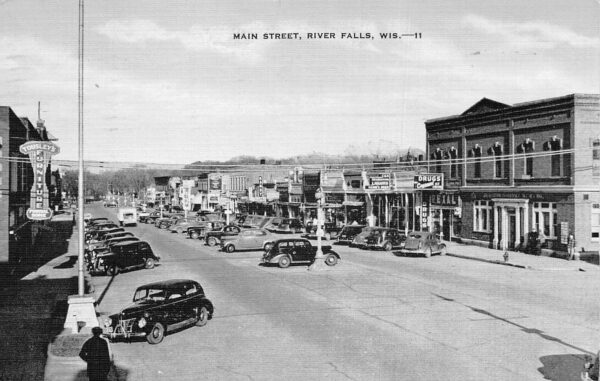 River Falls Wisconsin Main Street, Rexall Drug Store, Vintage Postcard U24257