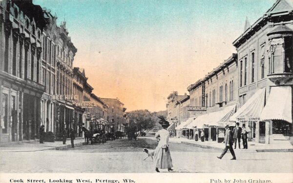 Portage Wisconsin Cook Street, Looking West, Sky Tinted Lithograph, PC U24288