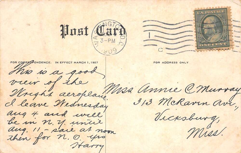 Fort Myer Virgnia Orville Wright flying Aeroplane Vintage Postcard AA102881 - Image 2