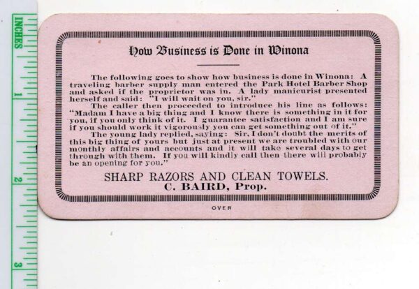 Winona Minnesota Park Hotel Shaving Parlor Barber Business Card AA102914 - Image 2