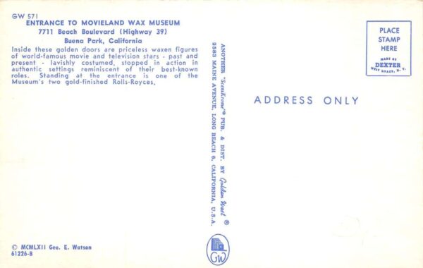 Buena Park California Movieland Wax Museum Gold Rolls Royce Postcard AA103213 - Image 2