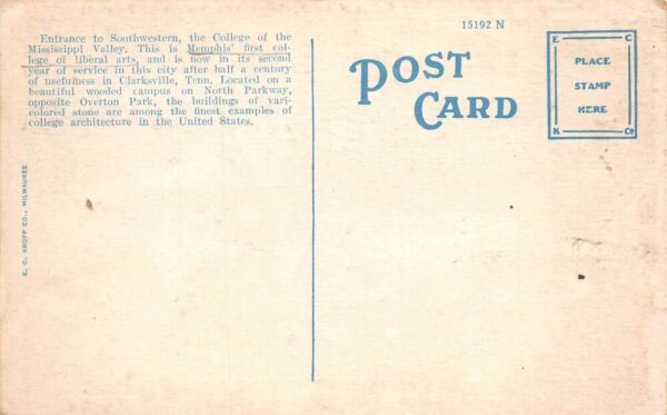 Memphis Tennessee Southwestern College Entrance Vintage Postcard AA103220 - Image 2