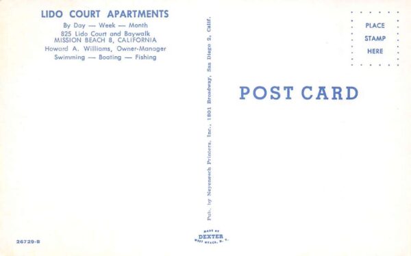 Mission Beach California Lido Court Apartments Vintage Postcard AA103223 - Image 2