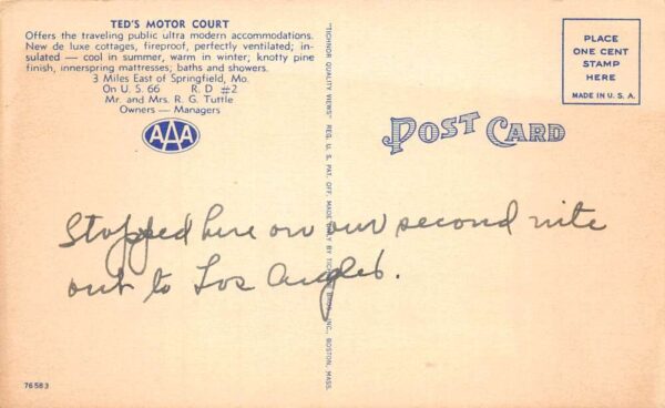 Springfield Missouri Ted's Motor Court Route 66 Vintage Postcard AA103225 - Image 2