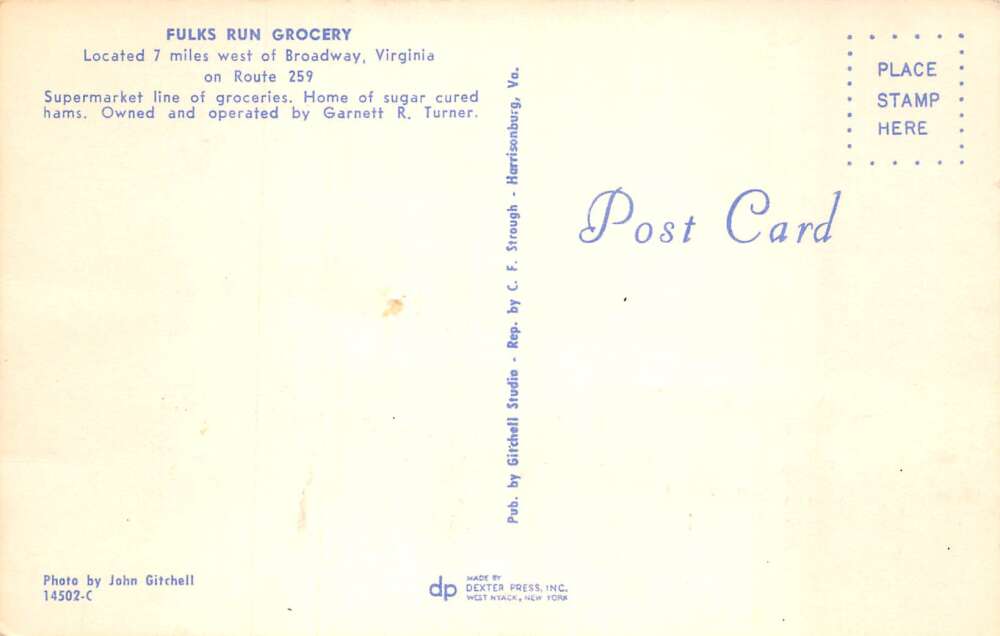 Broadway Virginia Fulks Run Grocery Guns and Gas Station Postcard AA103230 - Image 2