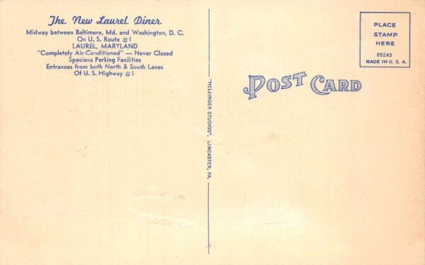 Laurel Maryland New Laurel Diner Linen Vintage Postcard AA103423 - Image 2