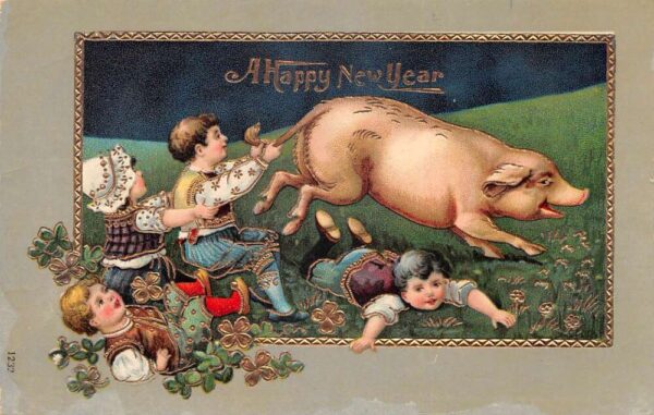 New Year Greetings Children Chasing Pig Vintage Postcard AA103451
