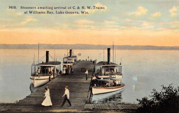 Williams Bay New York Lake Geneva Steamers at Dock Vintage Postcard AA103583