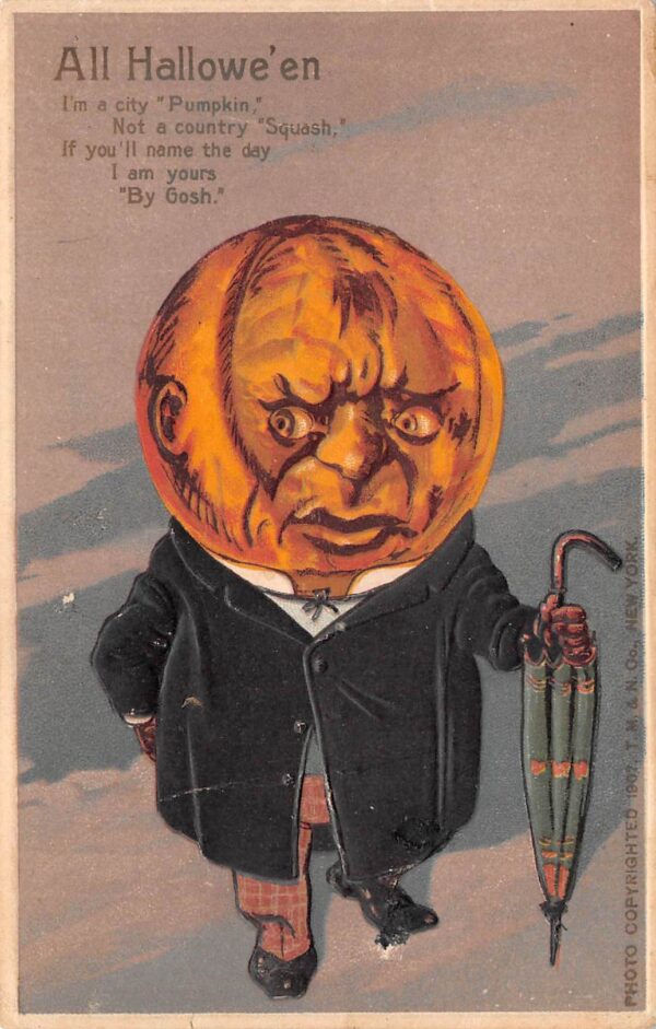 Halloween, "All Hallowe'en" Greetings, Pumpkin Head Man W/ Umbrella, PC U24353