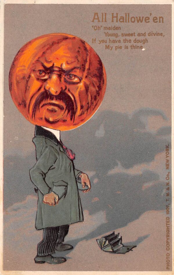 Halloween, "All Hallowe'en" Greetings, Pumpkin Head Man Vintage PC U24354