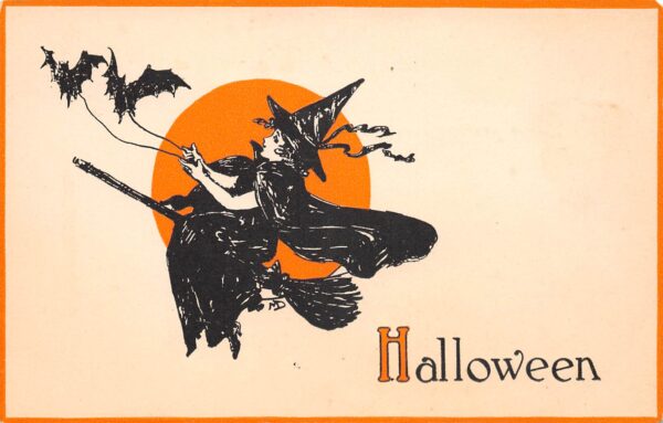 "Hallowe'en", Witch On Broom With Bats, Gibson Art Co., Vintage PC U24358