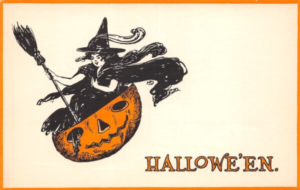 "Hallowe'en", Pretty Witch Flying In JOL, Gibson Art Co., Vintage PC U24361