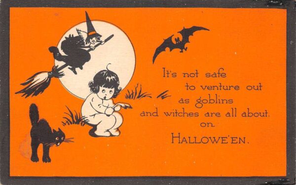 Rare, Antique Halloween, Scared Child W/ Black Cat, Bat & Witch, PC U24366