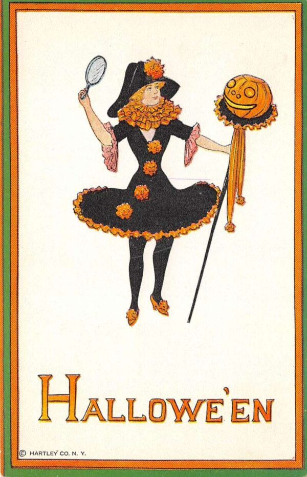 Rare, Antique "Hallowe'en" Pretty Lady W/ Mirror & JOL, Postcard U24368