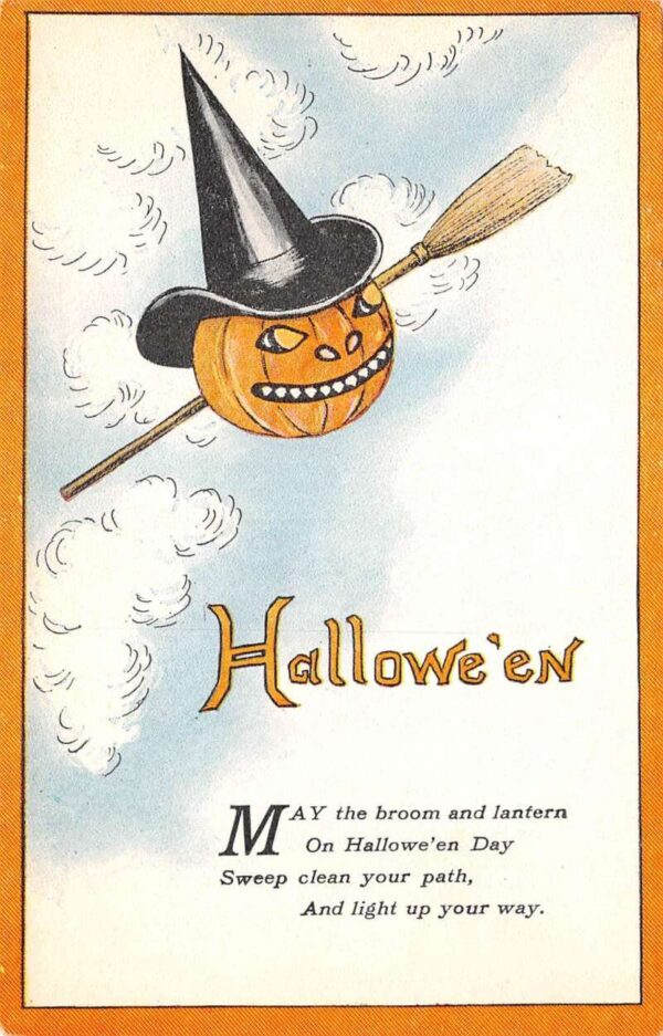 Rare, Antique "Hallowe'en" Jack-O-Lantern W/ Witch Hat & Broom, PC U24370