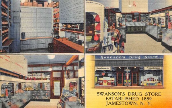 Jamestown New York Swanson's Drug Store Linen Vintage Postcard AA103675