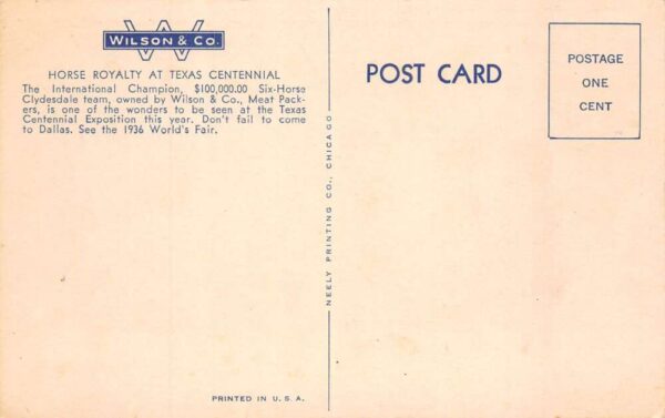 Dallas Texas Centennial Expo Wilson Meat Packers Horse Team Postcard AA103698 - Image 2
