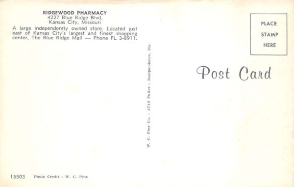 Kansas City Missouri Ridgewood Pharmacy Drug Store Vintage Postcard AA103700 - Image 2