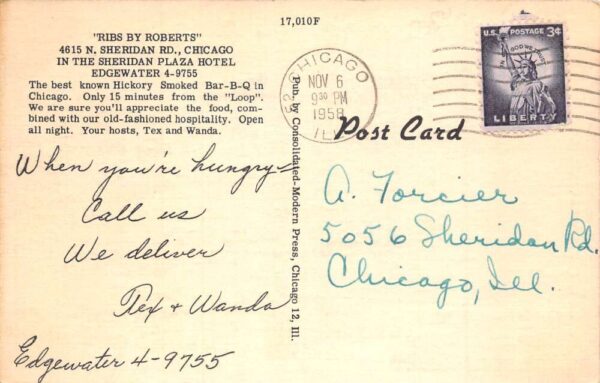 Chicago Illinois Ribs by Roberts Barbq Restaurant Vintage Postcard AA103704 - Image 2