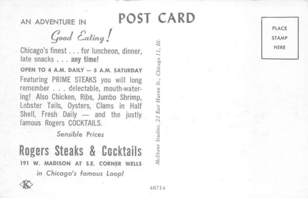 Chicago Illinois Rogers Steaks and Cocktails Vintage Postcard AA103706 - Image 2