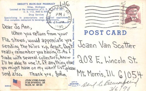 Niles Michigan Drolet's Main Oak Pharmacy Vintage Postcard AA103743 - Image 2