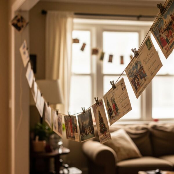 vintage post cards on a custom garland