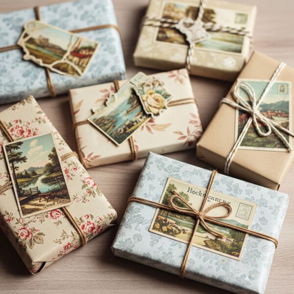 gift wrapped boxes with vintage post cards