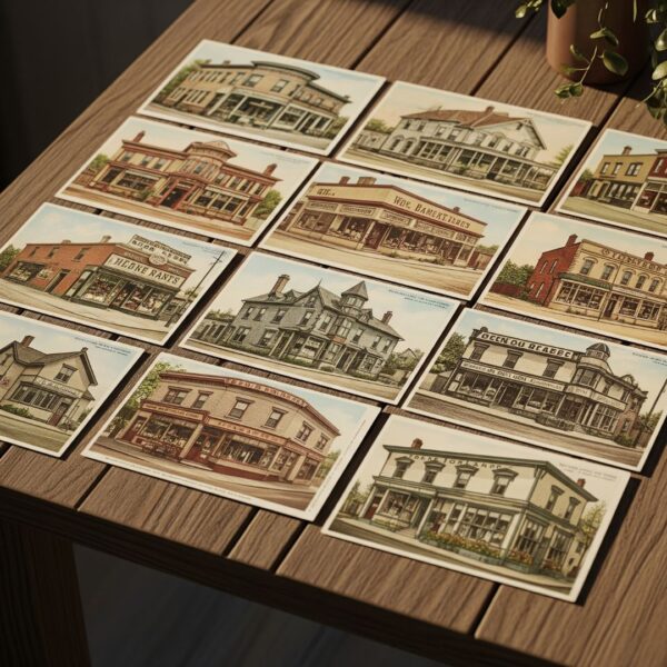 vintage cards showing old buildings on a table