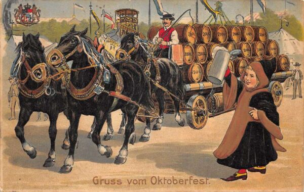 Oktoberfest Greetings Gruss vom Draft Horse Team Beer Vintage Postcard AA86012