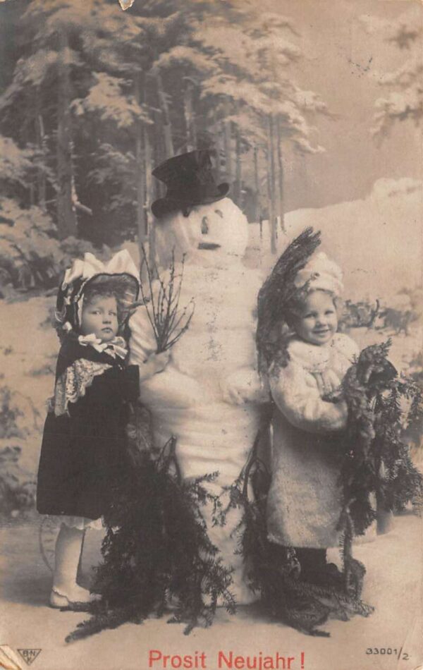 New Year Christmas Greetings Children with Snowman Real Photo Postcard AA86024