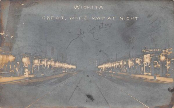 Wichita Kansas Great White Way at Night Real Photo Vintage Postcard AA86033