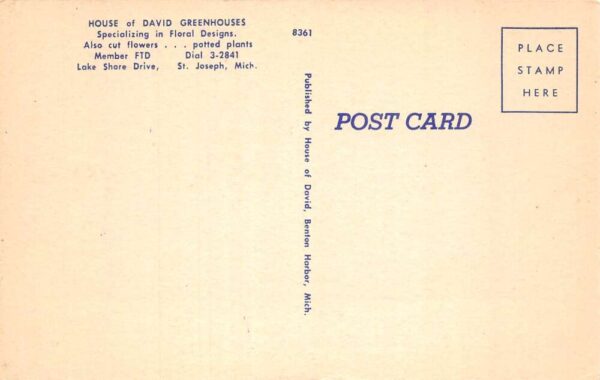St Joseph Michigan House of David Greenhouses Vintage Postcard AA86054 - Image 2