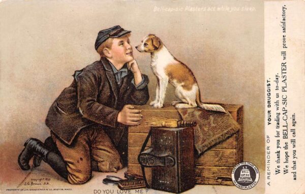 Bell Cap Sic Plaster Medicine Ad Boy Shoe Shine with Dog Postcard AA86058