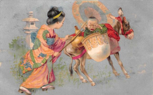 Japan Japanese Geisha Girl with Baby Riding Donkey Vintage Postcard AA86068
