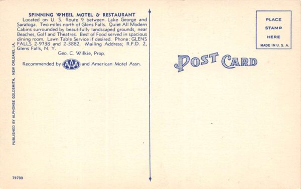 Glens Falls New York Spinning Wheel Motel & Restaurant, Vintage PC U19921 - Image 2
