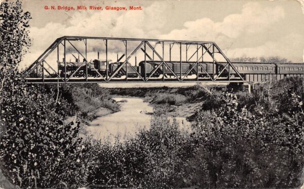 Glasgow Montana G.N. Bridge, Milk River, B/W Lithograph, Vintage Postcard U20007